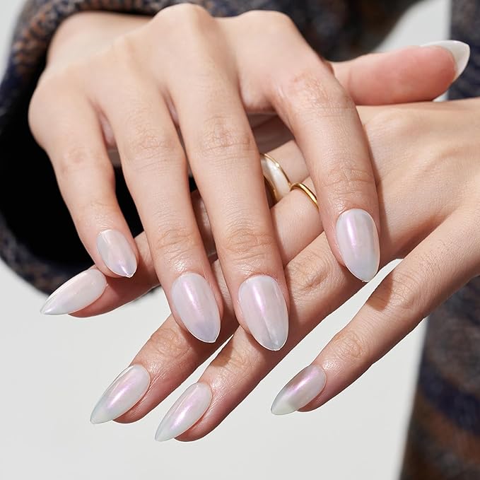 GLAMERMAID Pure White Eyes Press on Nails Short Almond, Chrome Handmade Glossy Gel Fake Nail Kit, Glazed Natural Glitter Magnetic Glue on Nail Stiletto, Medium Oval Stick on False Nail Set for Women