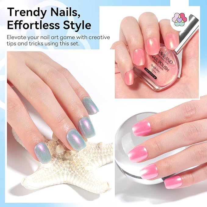 SAVILAND Pearlescent Nail Polish Set: Quick Dry Mermaid Nail Polish 6-Color Pearl Pink Blue White Nail Lacquer Polish Kit 12-Free with Castor Oil Aurora Nail Art DIY Manicure Women Christmas Gift