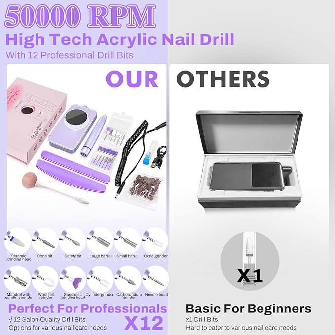 Electric Nail Drill Professional, 50000RPM Electric Nail File Portable Nail Drill Kit 6000mAh Rechargeable Machine for Acrylic Gel Nail, Manicure Pedicure Polishing Nail for Salon Home Purple