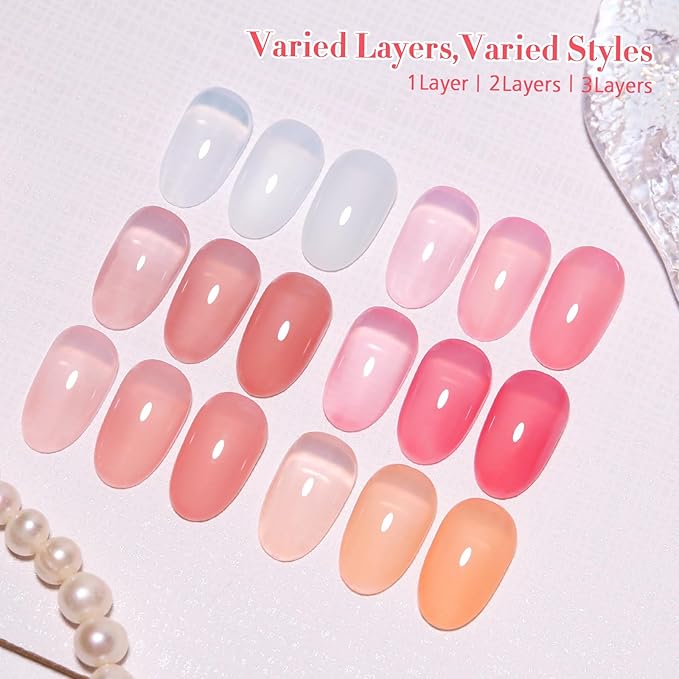 10ml Hema Free Gel Nail Polish Set, 6 Colors Transparent Jelly Gel Polish Kit Sheer Nude Milky White Pink Beige Coral Gift for Art DIY and Salon