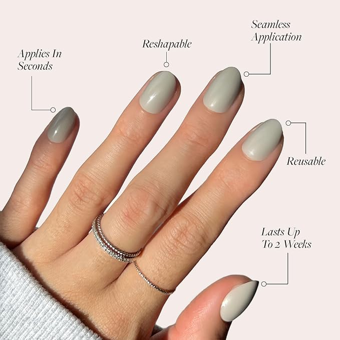 Glamnetic Press On Nails - Pure Gray | Opaque Light Gray Short Oval Fake Nails, Salon Quality | 15 Sizes - 30 Nail Kit