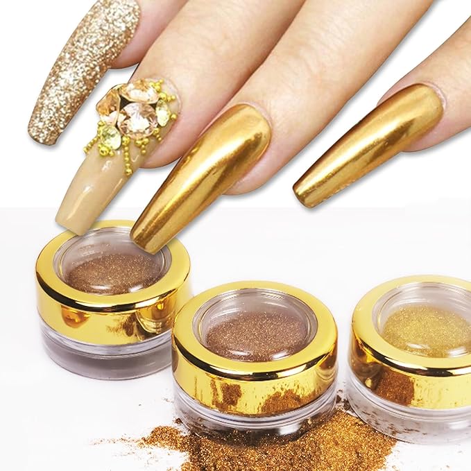 Holographic Mirror Gold Chrome Nail Powder Kit Effect Pure Metallic Dust Sequins UV Gel Gold Nail Chrome Powder Set Pigment for Nail Art Decoration