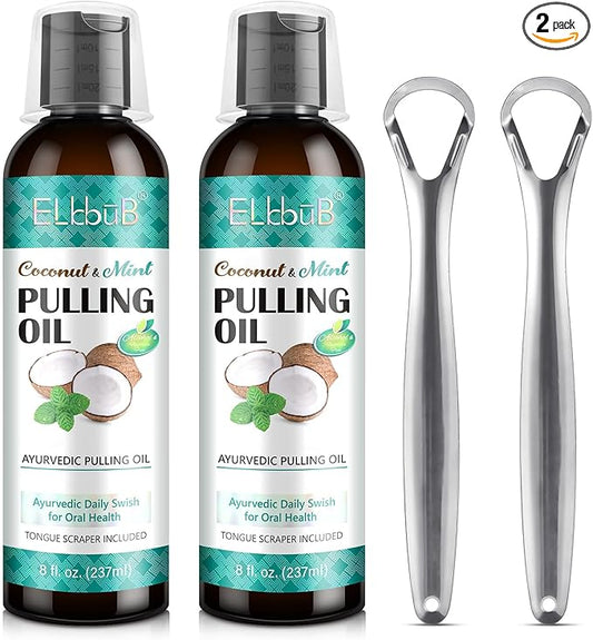 Coconut Pulling Oil - Ayurvedic Mint Oil Pulling Mouthwash with Tongue Scraper | Natural Essential Oils for Fresh Breath, Teeth Whitening & Healthy Gums | Alcohol-Free 8 Fl. Oz 2Pack