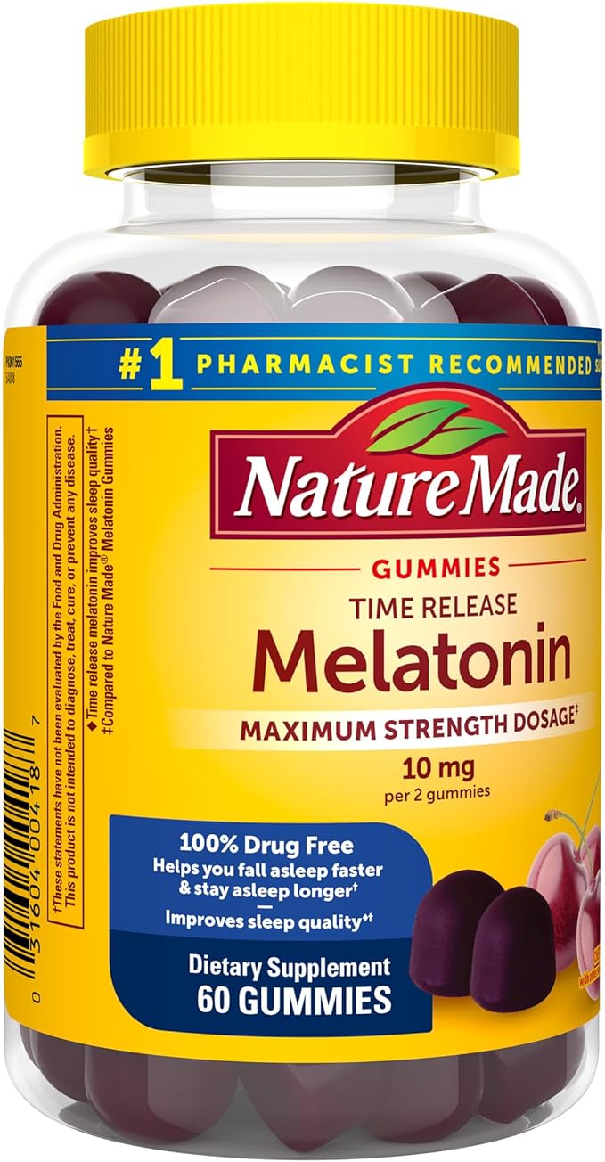 Nature Made Time Release Melatonin Gummies 10mg per Serving, Maximum Strength Dosage Sleep Aid for Adults, 100% Drug Free, 60 Gummies, 30 Day Supply