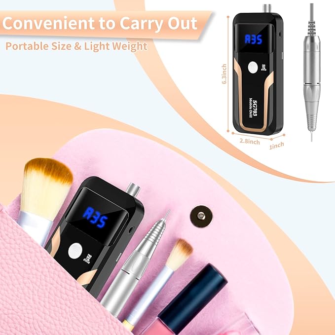 Portable Nail Drill Professional 35000 RPM, MOCOWIND Rechargeable Electric Nail File Machine E File for Acrylic Gel Polishing Removing, Cordless E-File with Bits Kit for Manicure Salon Home, Black