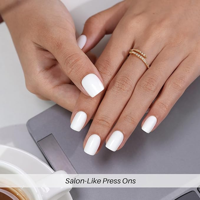 White Press on Nails Short - Soft Gel Square Press on Nails for Women Gift, Fit Perfectly & Natural Glue on Nails in 16 Sizes - 32 Reusable Fake Nails Kit with Glue, Classic White