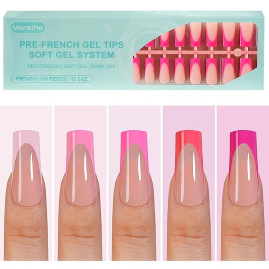 150Pcs French Gel Nail Tips, Vansiho Long Square Nail Tips, Pink Pre-French Tips Press on Nails, Soak Off Soft Gel Acrylic Fake Nails for Nail Art DIY 15 Sizes