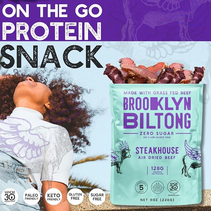 Brooklyn Biltong Air Dried Grass Fed Beef Snack, South African Beef Jerky (8 oz, Pack of 1) - Whole30 Approved, Paleo, Keto, Gluten Free, Sugar Free, Made in USA - (Steakhouse)