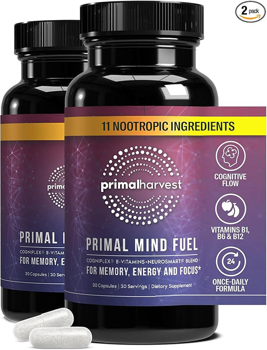 2 Pack, Primal Mind Fuel Brain Booster for Focus, Energy, Clarity, Memory Brain Health 30 Capsules Nootropics Brain Support Supplement for Men and Women