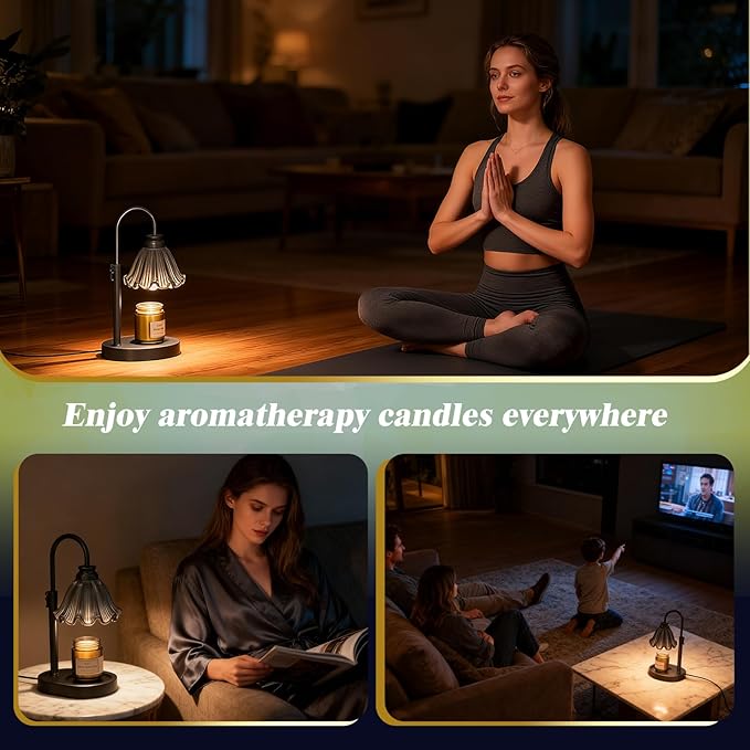 Candle Warmer Lamp with Adjustable Height - Flameless 4-Level Dimmable Wax Warmer with Colorful Glass Shade & Wooden Base, Timer Function & Stylish Design in Multiple Colors (Black 2)
