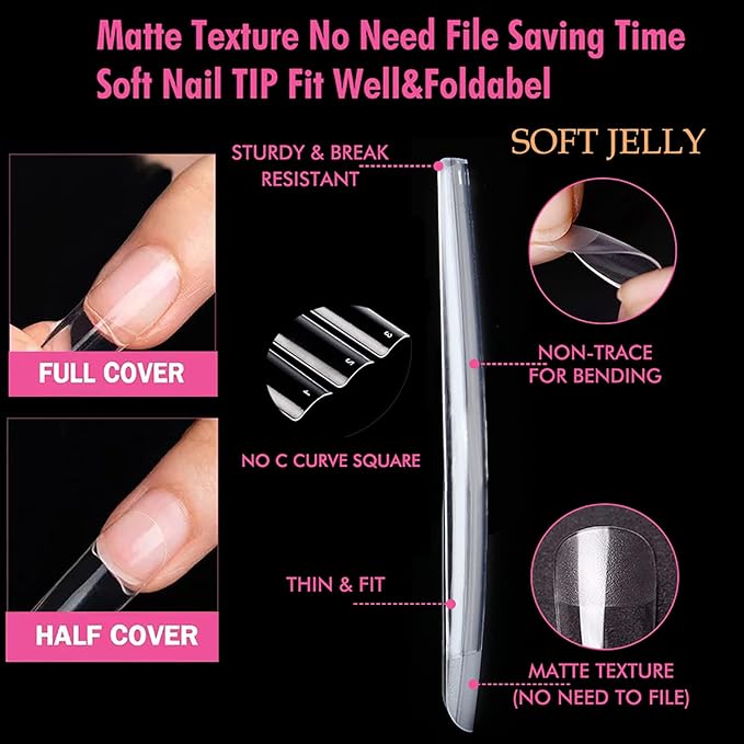 UNA GELLA Extra Long Square Gel Nail Tips 120pcs 12 Sizes Acrylic Soft Nail Jelly Gelly Tips DIY