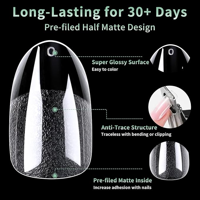 Medium Round Oval Nail Tips, 216pcs Acrylic Fake Nails Gel Nail Tips Soft, Full Cover Pre-Shaped Matte Clear Press on Nails for Extension, Diy at Home Manicure 12 Sizes