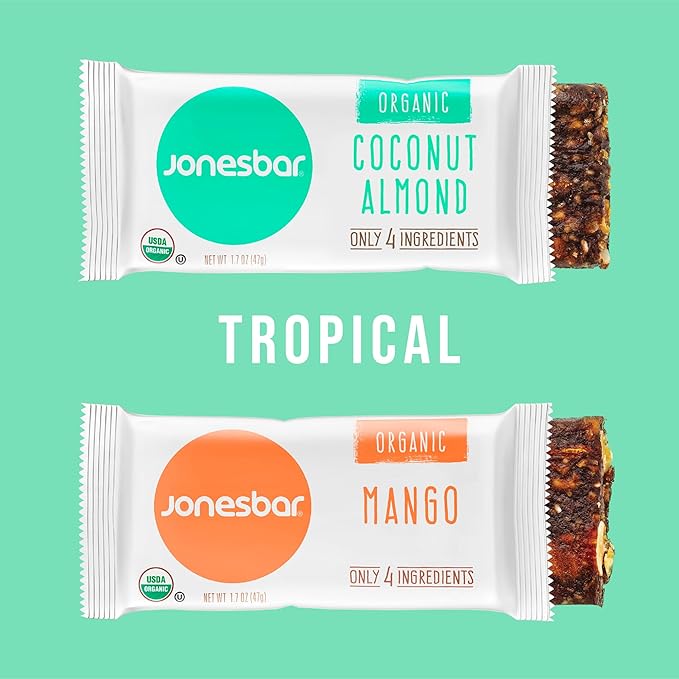 JONESBAR (Tropical Pack, 24 Bars (2 Boxes)) USDA Organic Fruit & Nut Bar, Non-GMO, Kosher, Vegan, Gluten Free, Simple Snack Bar