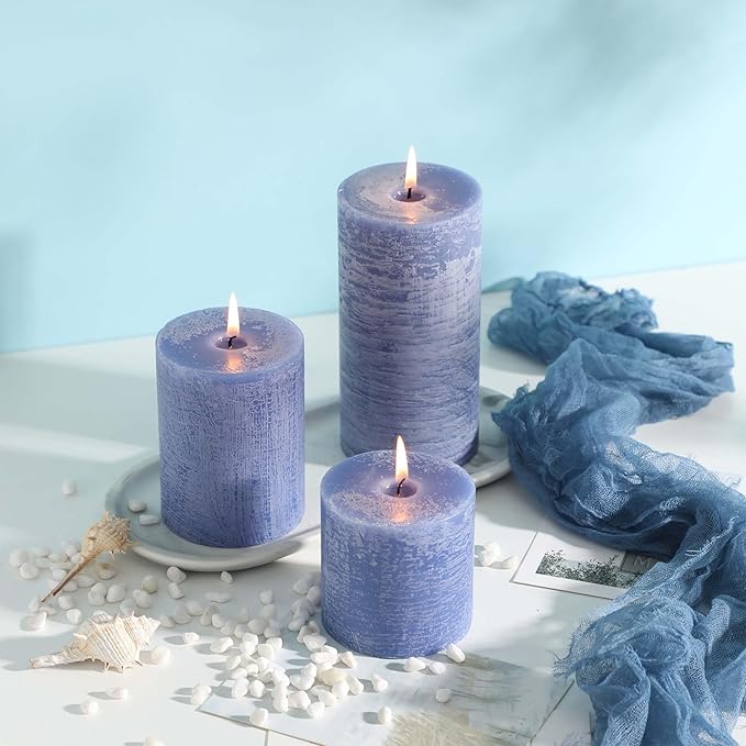3x6 Inch Blue Pillar Candles Set of 3 - Hand-Poured Unscented Candles, Long Clean Burning, Large Big Candle, Smokeless Dripless Candle for Dinner Table, Wedding, Home, Bathroom, Rustic Decor