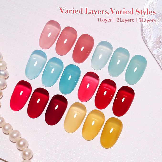 10ml Hema Free Gel Nail Polish Set, 6 Colors Transparent Jelly Gel Polish Kit Summer Sheer Colorful Pink Red Cyan Coral Color Gift for Art DIY and Salon