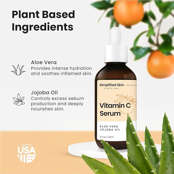 Simplified Skin Vitamin C Face Serum – 20% Vitamin C, Hyaluronic Acid, Vitamin E – for Hydrating & Glowing Skin - Antioxidant Skin Brightening Serum – 2 Fl Oz