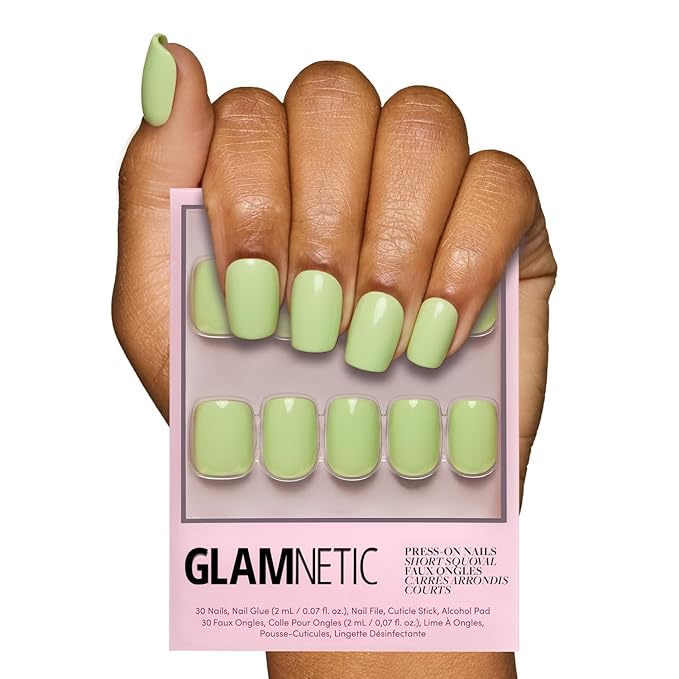 Glamnetic Press On Nails - Light Sage | Short Squoval Green Fake Nails with Glossy Finish, Salon Quality | 15 Sizes - 30 Nail Kit with Glue
