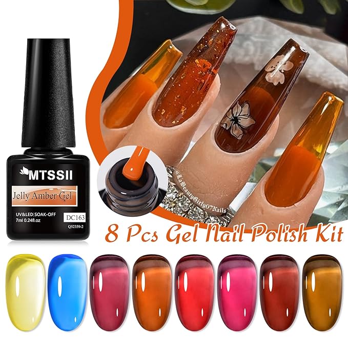 MTSSII Jelly Gel Nail Polish of 8 Transparent Burgundy Wine Red Gel Polish Set Crystal Hot Pink Brown Amber Nail Polish Kit Nail Art Varnish Manicure Collection Gift