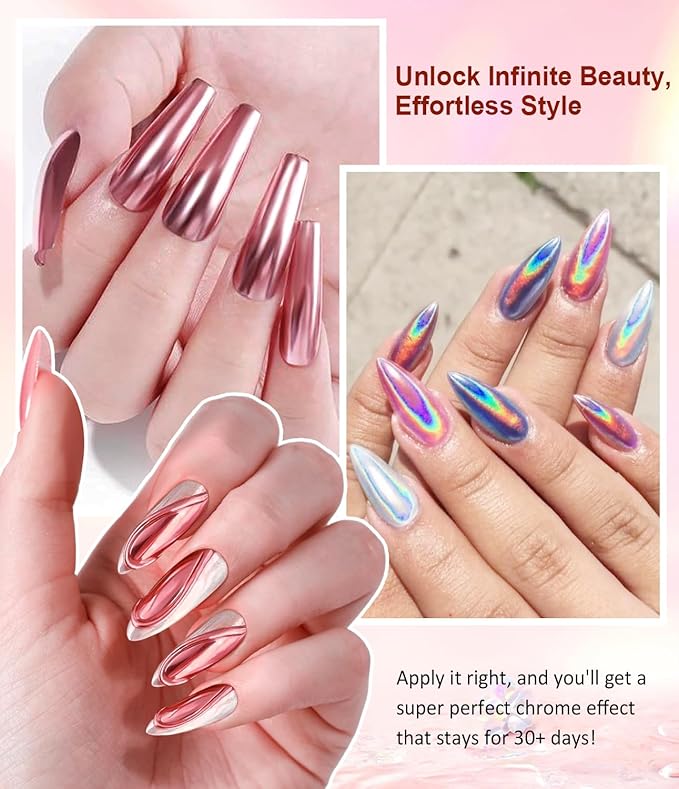 Chrome Nail Powder Kit 6 PCS - Gold Chrome Nail Powder with Pearl Chrome & Effect,Metallic Mirror Holographic Nail Powder for Gel Nails DIY Home Salon Manicure White Silver Pink Blue