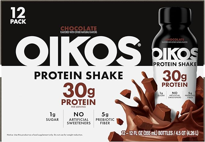Oikos Protein Shake, Chocolate, 30g High Protein Drinks, Shelf Stable, Ready to Drink, 5g Prebiotic Fiber, 12 fl oz Bottle, 12 Count