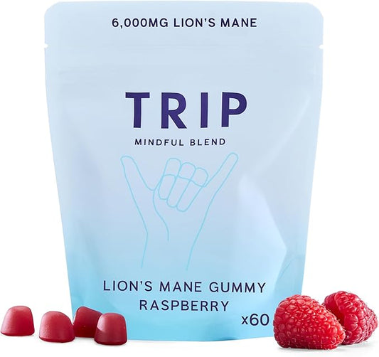 TRIP Lion’s Mane Gummies with 2000mg Lion’s Mane Mushrooms Extract Per Serving, Vegan, Naturally Flavored On the Go Chewable Gummy, Delicious Raspberry Flavor, 1 Bag, 60 Count