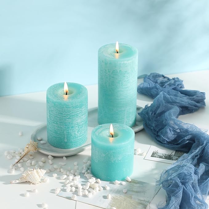 3x6 Inch Turquoise Pillar Candles Set of 3 - Unscented Candles, Long Clean Burning, Large Big Candles, Smokeless Dripless Pillar Candles for Dinner Table, Wedding, Home, Bathroom, Rustic Decor