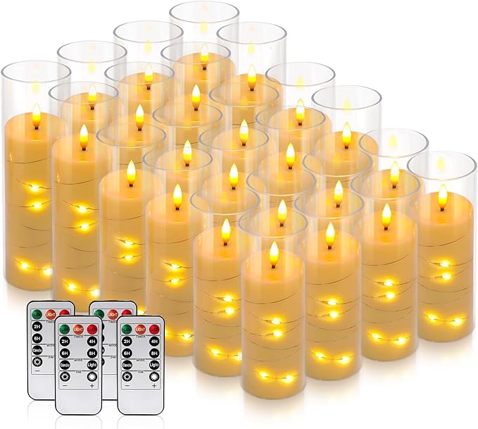 24 Pack Acrylic Flameless Candles,with Embedded Star String, Battery Operated Candles Flickering LED Pillar Candles with Remote Control and Timer, Ideal for Indoor/Outdoor Decor,Wedding,BBQ and Gift.