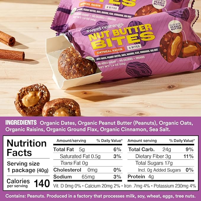 Sweet Nothings, Oatmeal Raisin, USDA Organic Nut Butter Bites Protein Bar, Nut & Date Snack, Filled with Peanut Butter, 12-2 Bite Value Packs - No Added Sugar, Good Source of Fiber, Only 7 Ingredients