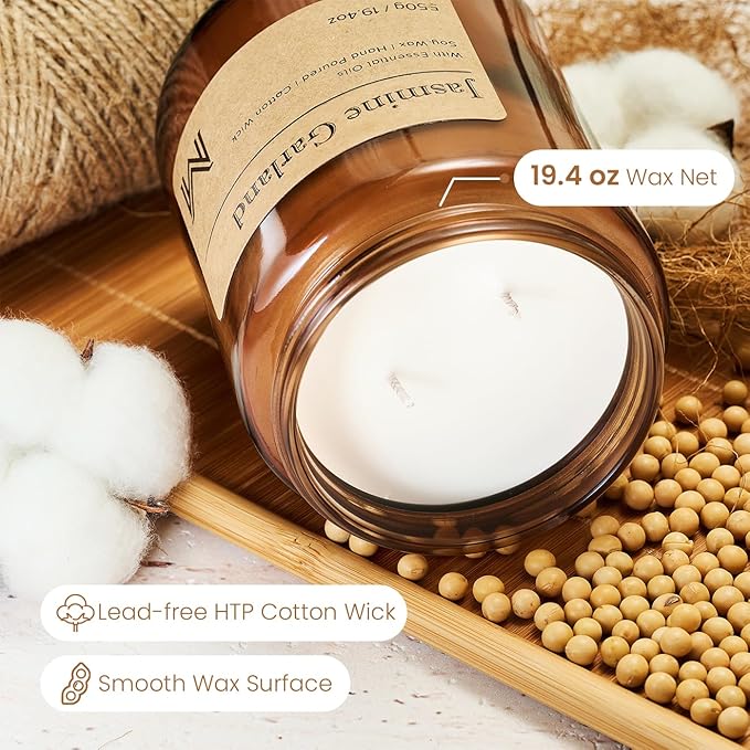 M&SENSE Jasmine Garland Home Scented Candle | 19.4oz, 115-Hour Burn | Natural Organic Soy Wax | Long-Lasting for Stress Relief and Gifting | for Bedroom，Relaxing SPA，Office