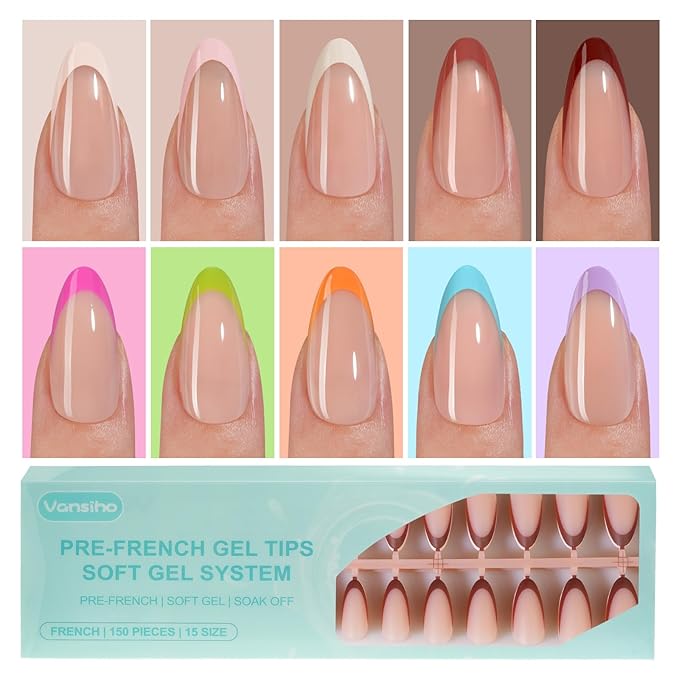 300Pcs French Gel Nail Tips Almond, Vansiho Medium Nail Tips, Pre-French Tips Press on Nails, Acrylic Fake Nails for Nail Art DIY 15 Sizes
