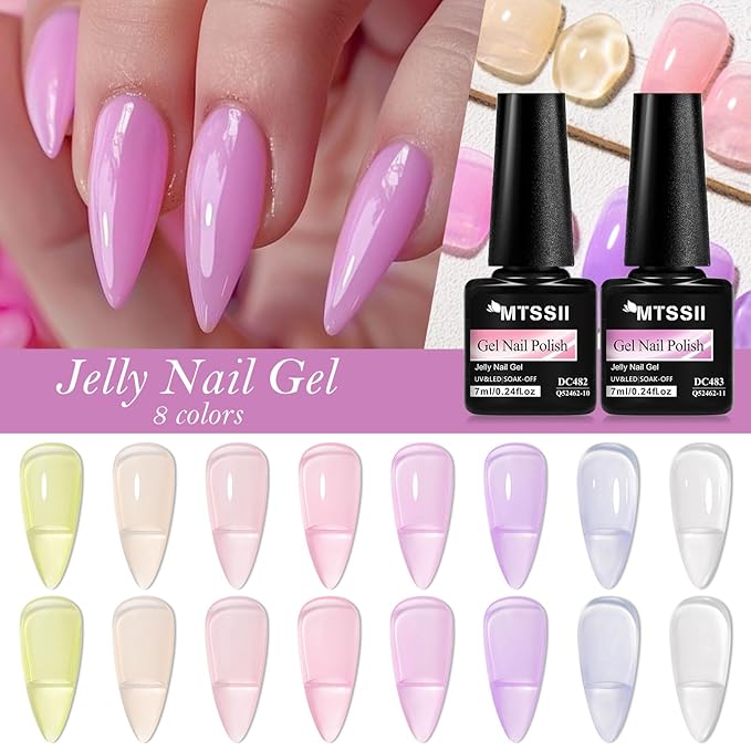 MTSSII Purple Grape Jelly Gel Nail Polish Set, 8 Transparent Colors Sheer Pastel Pink Violet Lavender Yellow Nail Polish Soak Off U v LED Gel Nail Kit Diy Nail Art Manicure at Home Gift for Women