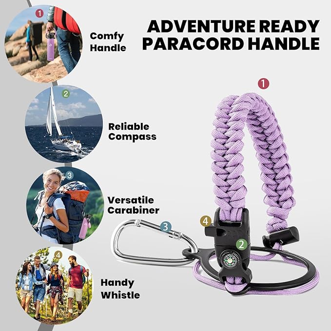 Insulated Water Bottle 24oz, Triple Wall Vacuum Stainless Steel (Cold for 48 Hrs, Hot for 24Hrs), Leak Proof & Non-BPA, 24oz Hydro Water Flask with Paracord Handle & Straw Spout Lids