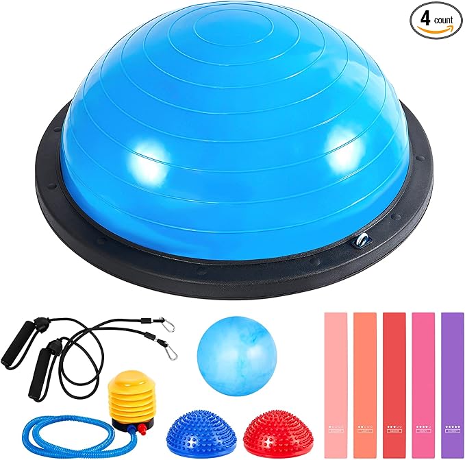 Honoson Half Ball Trainer Yoga Ball with Resistant Band Foot Pump Set, Half Exercise with Fitness Elastic Belt Hedgehog Balance Pods for Core Stability Full Body Workout Gym
