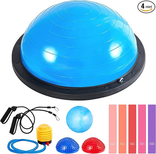 Honoson Half Ball Trainer Yoga Ball with Resistant Band Foot Pump Set, Half Exercise with Fitness Elastic Belt Hedgehog Balance Pods for Core Stability Full Body Workout Gym