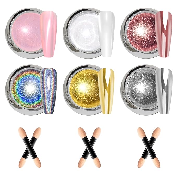 Gold Chrome Nail Powder - 6pcs Sparkly Laser Holographic Nail Powder Metallic Mirror Effect Pink Nail Chrome POwder, White Pearl Pigment Holo Iridescent Glitter Dust Kit, Nail Art Decoration