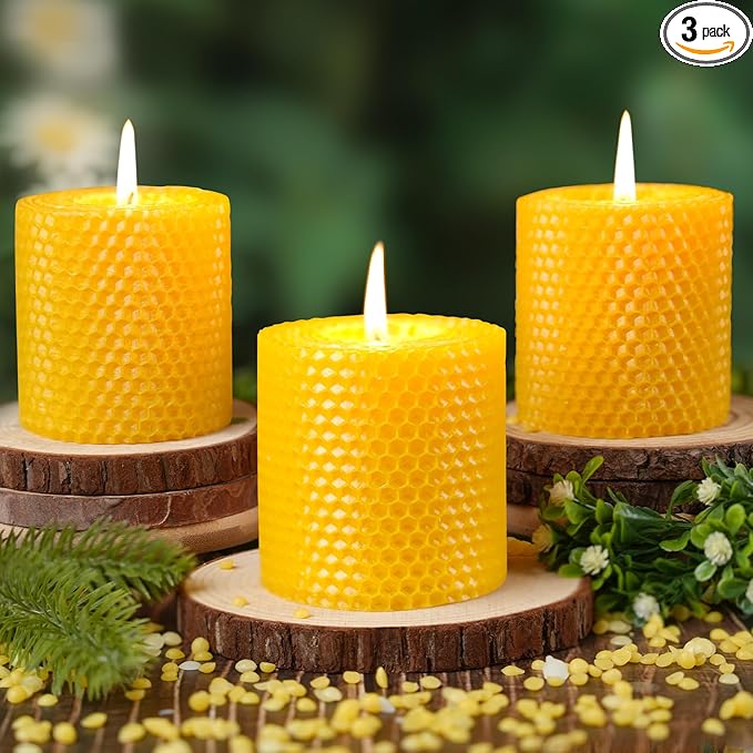Hand-Rolled Beeswax Candles,2.8x3in-3PCS,All Natural Honeycomb Beeswax Pillar Candles,72 Hours Long Burning Bees Wax Candles for Home,Dripless Smokeless Unscented Honeycomb Pillar Candle
