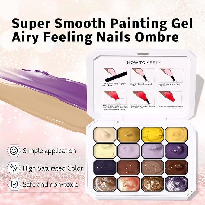 Sponges Pat Gel Nail Polish Palette, 16 Colors Blending Ombre Gel Polish Patting Gradient Painting Nails Art, No Wipe, UV/LED Cured (16 Colors D)