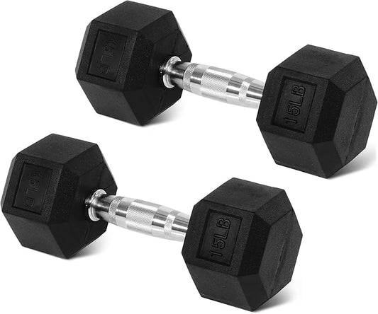 Rubber Encased Hex Weights Dumbbells Set of 5 – 50 lb Pair | Cast Iron Hand Weights with Anti-Slip Grip for Home Gym Strength Training