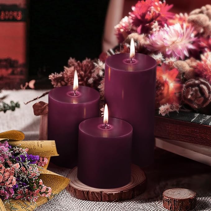 KONNI Purple Pillar Candles Set of 3, 3"x 3" Unscented Pillar Candles Bulk, 30 Hours Long Burning Candles, Smokeless&Dripless Large Round Candle for Wedding, Home Decoration, Parties, Spas, Dinner