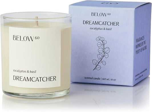 Below 60 Scented Candle – Dreamcatcher – Essential Oil-Based Fragrance – Hand-Made with Paraffin-Free Soy Wax – 100% Cotton Wick – 50 hr Burn Time - Founded by Hilary Duff – Eucalyptus & Basil (10oz)