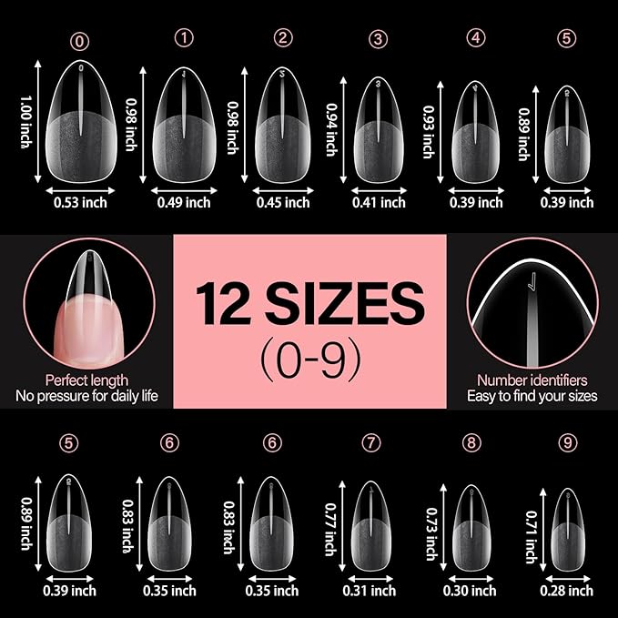 AILLSA Medium Almond Nail Tips Pre-Shaped Acrylic Nails Tips Half Matte Full Cover Tips Clear Gelly Press on Flase Nail Tips for Extension Nail Manicure Home DIY 216PCS 12Sizes
