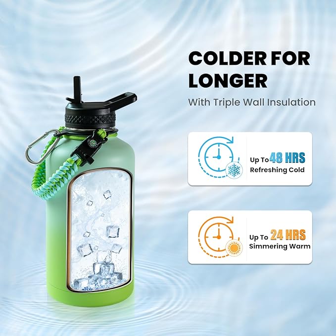 Insulated Water Bottle 64 oz, Triple Wall Vacuum Stainless Steel (Cold for 48 Hrs), Leak Proof & Non-BPA, Half Gallon Water Flask Jug with Paracord Handle & Straw Spout Lids