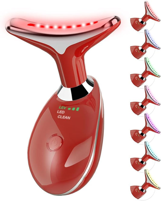 Neck&Face Massager with 7 Colors-Multi-Functional Skincare Tool,Home Beauty Device for Wrinkles&Relaxation (Red)