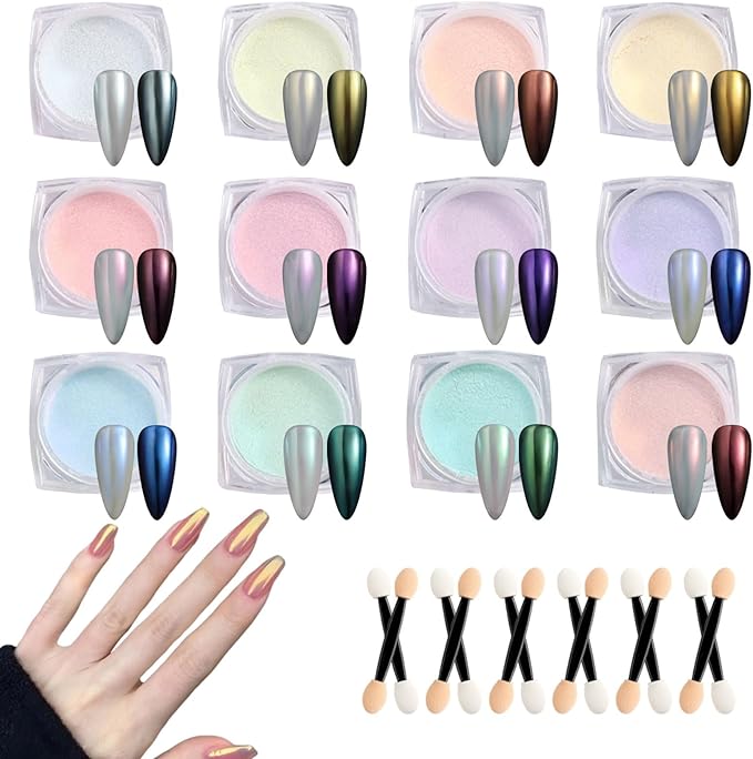 Mermaid Pearl Chrome Nail Powder 12 Colors Metallic Mirror Effect Iridescent Aurora Nail Glitter Pigment Rub-on Dust for Gel Nails Decoration Manicure Design