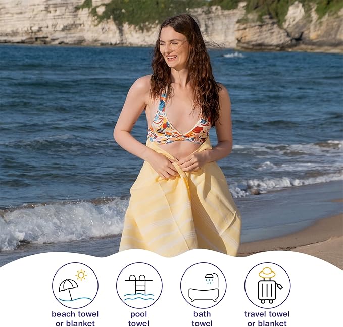 Turkish Beach Towels, Bulk Case of 12 | Oversized, Quick Dry, Sand Free | 100% Cotton, Large 38x71 Towels for Beach, Pool, Travel | Ultra-Soft, Compact, Absorbent | Yellow