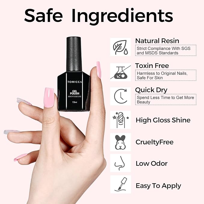 TOMICCA Baby Pink Gel Nail Polish, Light Pink UV Polish, Soak Off Cotton Candy Nail Art Pastel Manicure Salon DIY for Spring Summer