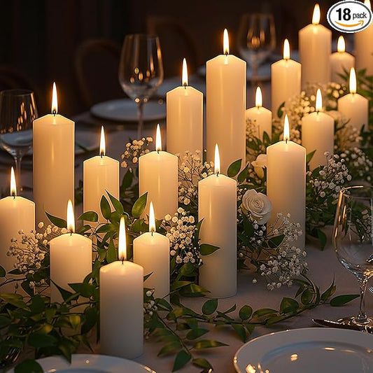 18 Pcs Ivory Pillar Candles Bulk Set，2x3 2x6 2x8 Inch - 12 Each Size，Hurricane Candles，Dripless Unscented Smokeless，Gives You a Better Atmosphere When Organizing Wedding or Event Party.