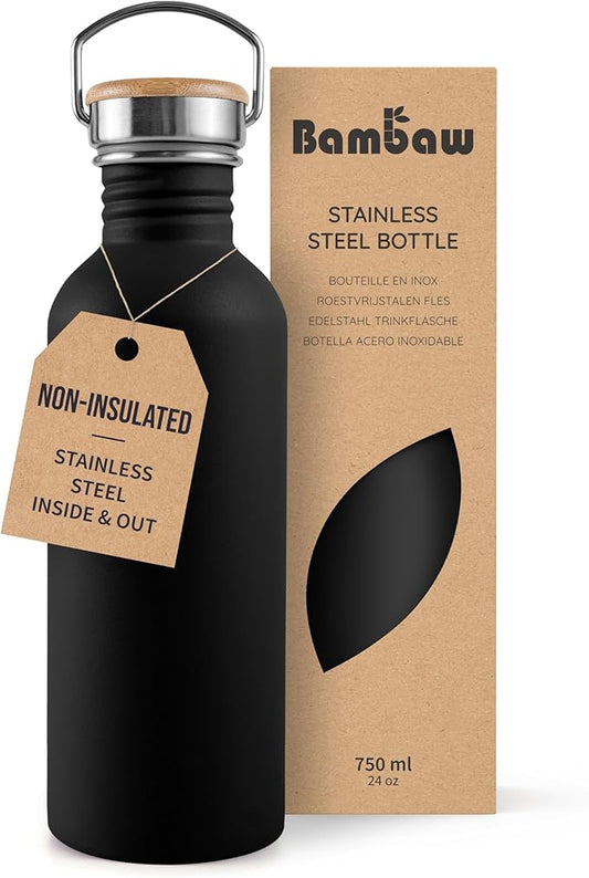 Bambaw Metal Water Bottle 24 oz, Non-insulated Black Water Bottle Metal, Single Walled Stainless Steel Water Bottle, Reusable Water Bottle, Portable & BPA Free Water Bottle – Jet Black