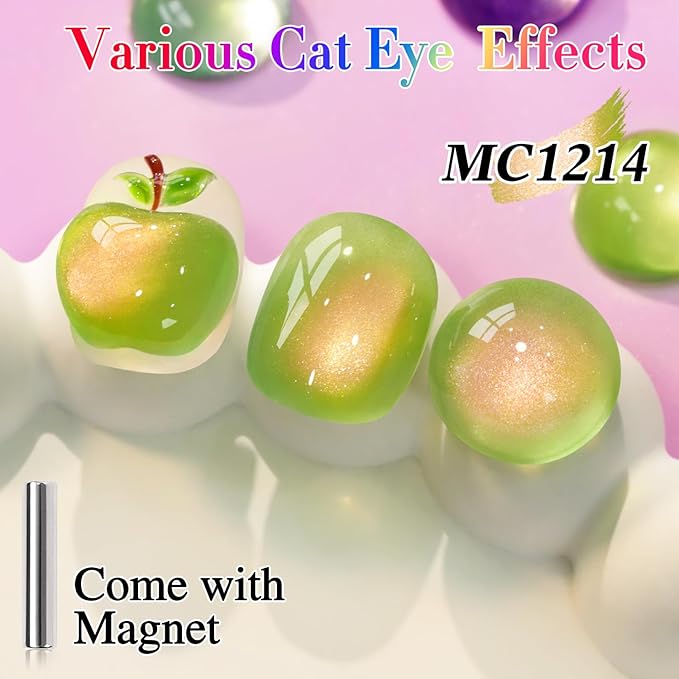 Double Rhythm 0.5 OZ Cat Eye Gel Polish with Magnet 15ML Holographic Glitter Shimmer Translucent Jelly Color Magnetic Nail Polish Salon DIY at Home (Green Pink-MC1214)