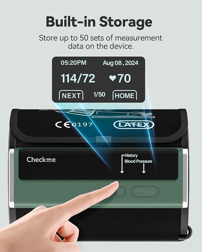 Checkme Blood Pressure Monitor for Home Use - Upper Arm Cuff, Bluetooth BP Machine, Accurate Readings in 30 sec, App Enabled for iOS & Android, Stores 50 BP Readings, Green
